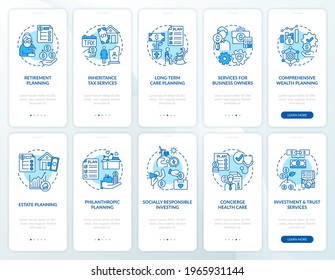 Prosperity strategy onboarding mobile app page screen with concepts set. Financial operations walkthrough 5 steps graphic instructions. UI, UX, GUI vector template with linear color illustrations