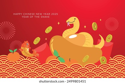 Prosperity wealth and good luck for chinese new year of the snake. Lunar new year 2025 template for banner or greeting card. Zodiac snake with gold ingots and red envelopes.