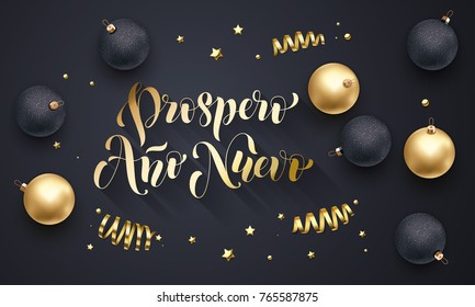 Prospero Anno Nuevo Spanish New Year golden decoration, hand drawn gold calligraphy font for greeting card black background. Vector Christmas holiday gold star shiny confetti decoration