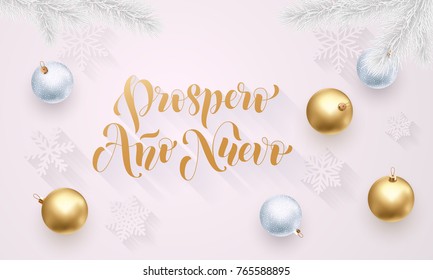 Prospero Anno Nuevo Spanish New Year golden decoration, hand drawn gold calligraphy font for greeting card white background. Vector Christmas holiday gold star shiny confetti decoration