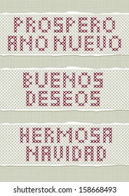 Prospero Ano Nuevo Buenos Deseon Hermosa Navidad spanish Christmas New Year wishes stitched embroidered red gray torn text set on light background 