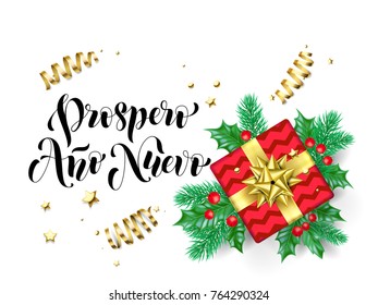 Prospero Ano Nuevo Happy New Year Spanish calligraphy hand drawn text for greeting card background template. Vector Christmas tree holly wreath decoration, golden confetti ribbon premium white design