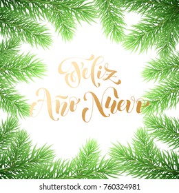 Prospero Ano Nuevo Spanish Happy New Year golden calligraphy hand drawn text on fir branch wreath ornament for greeting card background template. Vector Christmas golden text and premium white design