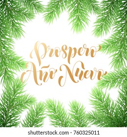 Prospero Ano Nuevo Spanish Happy New Year golden calligraphy hand drawn text on wreath ornament for greeting card background template. Vector Christmas tree garland golden font premium white design