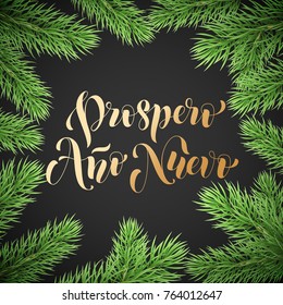 Prospero Ano Nuevo Spanish Happy New Year golden calligraphy hand drawn text on wreath ornament for greeting card background template. Vector Christmas tree garland golden font premium black design