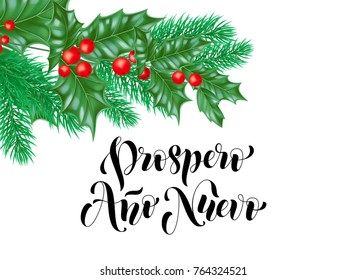 Prospero Ano Nuevo Spanish Happy New Year calligraphy hand drawn text on holly wreath ornament for greeting card background template. Vector Christmas tree branch decoration premium white design