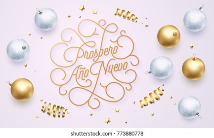 Prospero Ano Nuevo Spanish Happy New Year Navidad flourish golden calligraphy lettering of swash gold greeting card design. Vector golden decoration and Christmas text on holiday white background