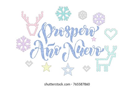 Prospero Ano Nuevo Spanish New Year knitted calligraphy font decoration for holiday greeting card design. Vector Christmas deer, snowflake decoration embroidery pattern on Xmas white background