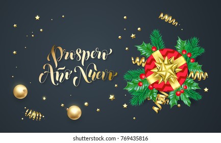 Prospero Ano Nuevo Spanish New Year golden decoration and gold font calligraphy greeting card design. Vector Christmas tree wreath decoration, New Year holiday gift and confetti on black background