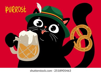 Prost To The Wurst Behavior, black kawaii cat drinking beer. Funny Oktoberfest, perfect for Shirt, poster, card, logo for Festival or Party