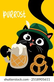 Prost To The Wurst Behavior, black kawaii cat drinking beer. Funny Oktoberfest, perfect for Shirt, poster, card, logo for Festival or Party