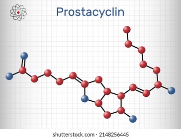 Prostacyclin, prostaglandin I2, PGl2, epoprostenol molecule. It is prostaglandin member of the eicosanoid family of lipid molecules. Molecule model. Sheet of paper in a cage. Vector illustration