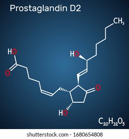 Prostaglandin D2 , PGD2 , prostaglandin, C20H32O5 molecule. Structural chemical formula on the dark blue background. Vector illustration