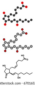 Prostaglandin D2 (PGD2) molecule. Conventional skeletal formula and stylized representations.