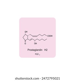 Prostaglandin D2 skeletal structure diagram.Prostanoid compound molecule scientific illustration on pink background.