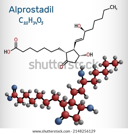 Prostaglandin E1, PGE1, alprostadil molecule. It is potent vasodilator agent, medication used to treat erectile dysfunction. Structural chemical formula and molecule model. Vector illustration