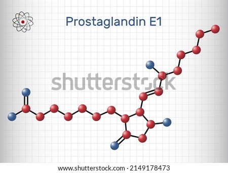 Prostaglandin E1, PGE1, alprostadil molecule. It is potent vasodilator agent, medication used to treat erectile dysfunction. Molecule model. Sheet of paper in a cage. Vector illustration