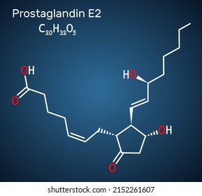 Prostaglandin E2, PGE2, dinoprostone molecule. It is used to induce labor or abortion. Structural chemical formula on the dark blue background. Vector illustration