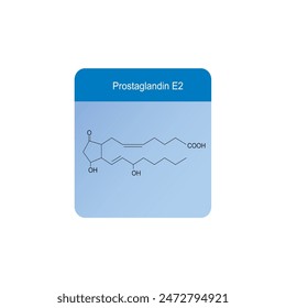 Prostaglandin E2 skeletal structure diagram.Prostanoid compound molecule scientific illustration on blue background.