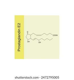 Prostaglandin E2 skeletal structure diagram.Prostanoid compound molecule scientific illustration on yellow background.