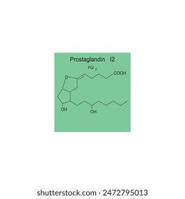 Prostaglandin I2 skeletal structure diagram.Prostanoid compound molecule scientific illustration on green background.