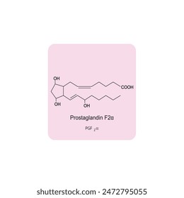 Prostaglandin F2α skeletal structure diagram.Prostanoid compound molecule scientific illustration on pink background.