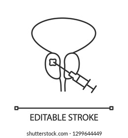 Prostate biopsy linear icon. Thin line illustration. Prostate cancer test and diagnostics. Transrectal biopsy. Medical exam, screening. Contour symbol. Vector isolated outline drawing. Editable stroke