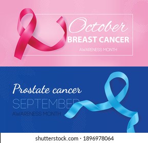 Prostate blue breast pink ribbons cancer awareness september october months 2 horizontal realistic background banners vector illustration