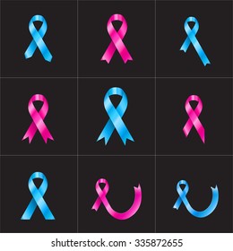 Prostate and breast cancer ribbon awareness collection. Light blue and pink ribbons. Editable - very easy to use.