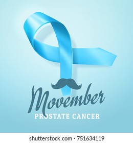 Prostate Cancer awareness, blue ribbon background, shape tie. Prostate cancer awareness symbol isolated on blue background. Realistic vector 3d illustration