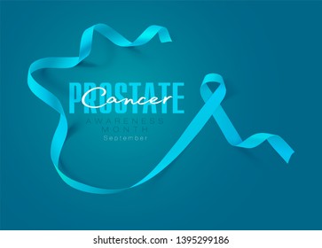 Prostate Cancer Awareness Calligraphy Poster Design. Realistic Light Blue Ribbon. September is Cancer Awareness Month. Vector