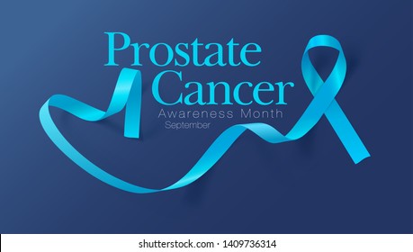 Prostate Cancer Awareness Calligraphy Poster Design. Realistic Light Blue Ribbon. September is Cancer Awareness Month. Vector Illustration