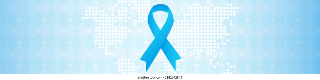 Prostate cancer awareness campaign concept. November month. Blue ribbon on background whith white digital map, like as healthy clean cells. Vector horisontal illustration. Men's health
