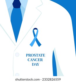 Prostate cancer awareness day poster background. Doctor with blue ribbon pin on white coat. Solidarity compain concept design. Men healthcare support. Medical vector illustration. 