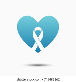 Prostate cancer awareness logotype or icon for prevention and charity campaigns. Vector illustration of a blue ribbon in a heart shape for support and help.