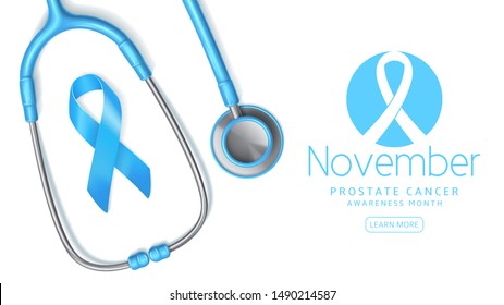 Prostate cancer awareness month background. Vector illustration with satin ribbon and realistic stethoscope on white background. Men healthcare concept.