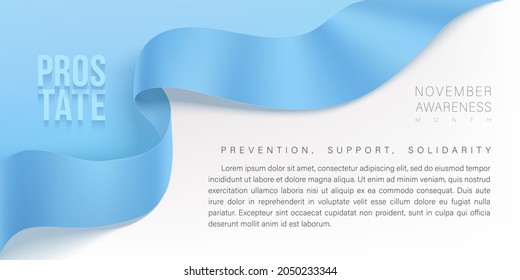 Prostate Cancer awareness month background with photorealistic blue ribbon and place for text. Men healthcare concept