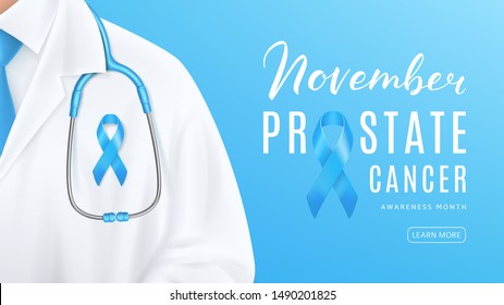 Prostate cancer awareness month banner concept. Doctor with blue satin ribbon and stethoscope on light blue background. Men healthcare concept. Vector illustration.