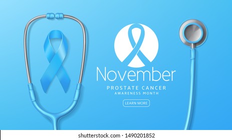 Prostate cancer awareness month banner. Vector illustration with satin ribbon and realistic stethoscope on light blue background. Men healthcare concept.