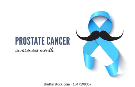 Prostate cancer awareness month banner vector template. Male medical disease solidarity poster layout. Men health care support campaign. Blue silk ribbon with moustache illustration with typography