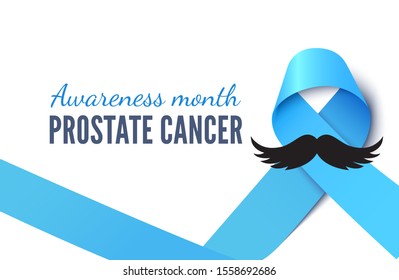 Prostate cancer awareness month banner template. Male illness solidarity poster layout. Sick men support and tolerance campaign. Blue ribbon with moustache illustration with typography