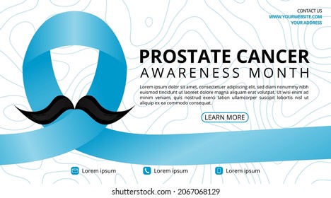 Prostate Cancer Awareness Month Banner With Blue Ribbon Has A Mustache And Topographic Map Background