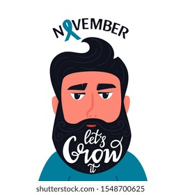 Prostate cancer awareness month. Bearded man with the inscription on the beard Let's Grow it