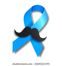 Prostate Cancer Awareness Month. Blue ribbon with a mustache. Vector illustration isolated on white.