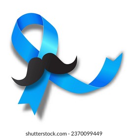 Prostate Cancer Awareness Month. Blue ribbon with a mustache. Vector illustration isolated on white.
