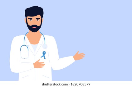 Prostate Cancer Awareness Month Concept. Doctor With Blue Ribbon On White Medical Gown.