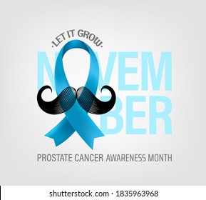 Prostate cancer awareness month concept with light blue silk ribbon and moustache