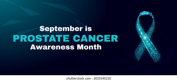 Prostate Cancer Awareness Month concept. Banner template with glowing  low poly light blue ribbon awareness. Futuristic modern abstract. Isolated on dark background. Vector illustration.