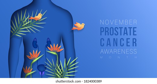 Prostate Cancer awareness month. Man silhouette in paper cut style with flowers, branches, birds. Men healthcare concept