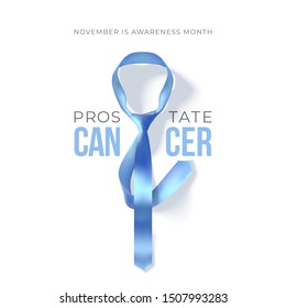 Prostate Cancer awareness month is November. Vector photorealistic blue ribbon tie isolated on a white background. Vector illustration. Men healthcare concept.